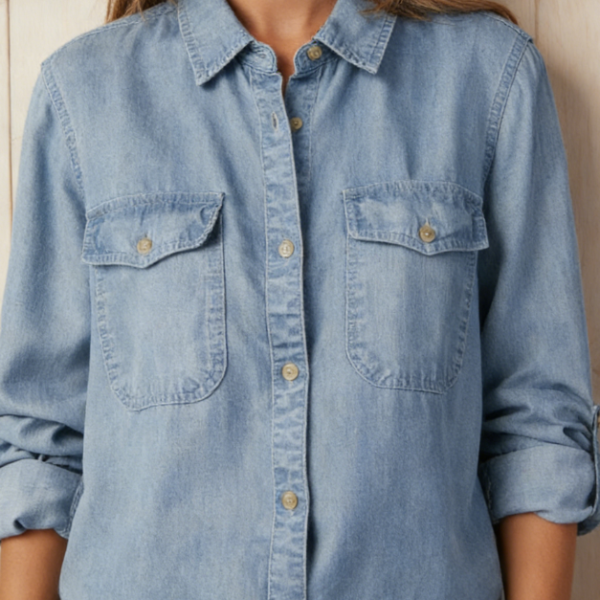 Long-Sleeve Denim Shirt — Casual V-Neck | Versatile Button-Up | Everyday Wear