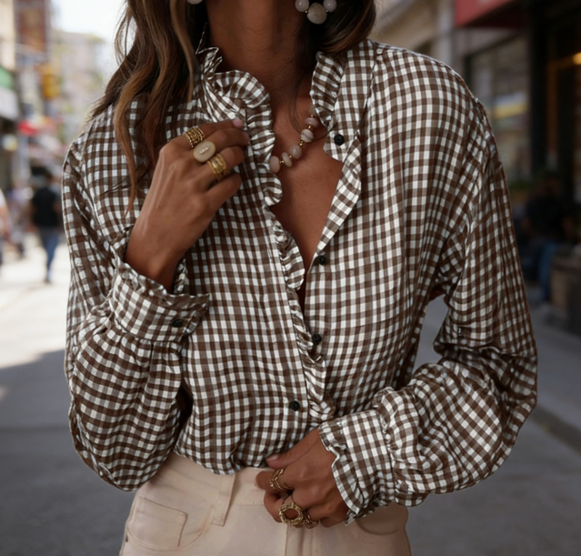 Plaid Long-Sleeve Shirt with Ruffles — V-Neck Button-Up | Stylish Plaid for Casual & Office Wear
